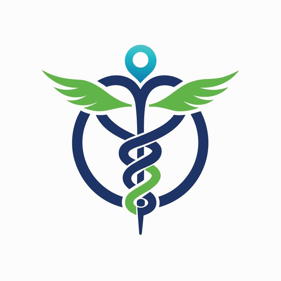 minimalista médico símbolo presentando alas y un personal, simbolizando cuidado de la salud y cicatrización, minimalista diseño de un estetoscopio entrelazados con un caduceo símbolo vector