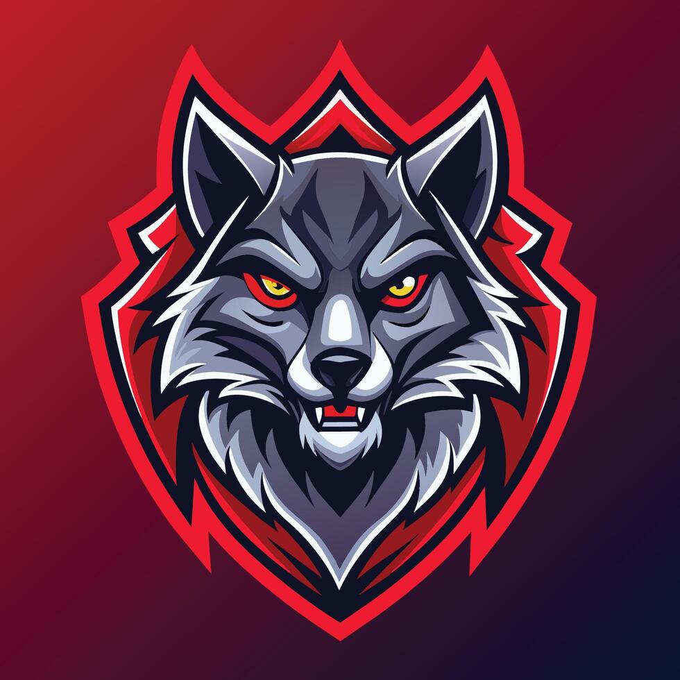 un de cerca ver de un lobos cabeza con perforación rojo ojos conjunto en contra un oscuro fondo, desde esports a vestir, desatraillar el poder de lobo logo ilustración vector