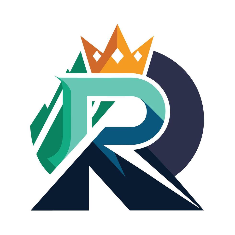 un logo presentando el letra r con un corona en arriba, a lo largo con un montaña diseño, letra r logo diseño con montaña y corona vector