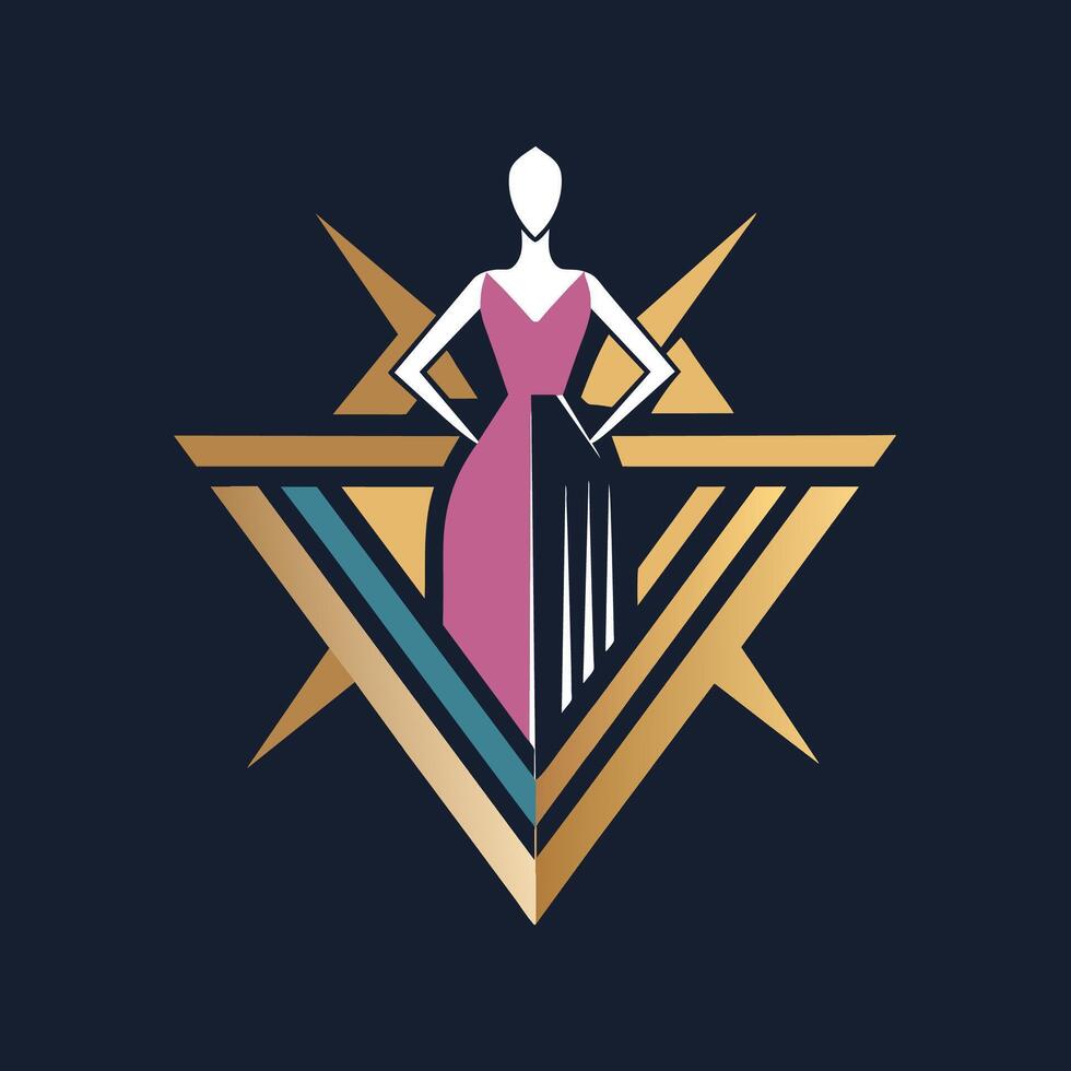 A woman wearing a pink dress stands in front of a black background, Streamlined branding for a fashion show, minimalist simple modern logo design vector