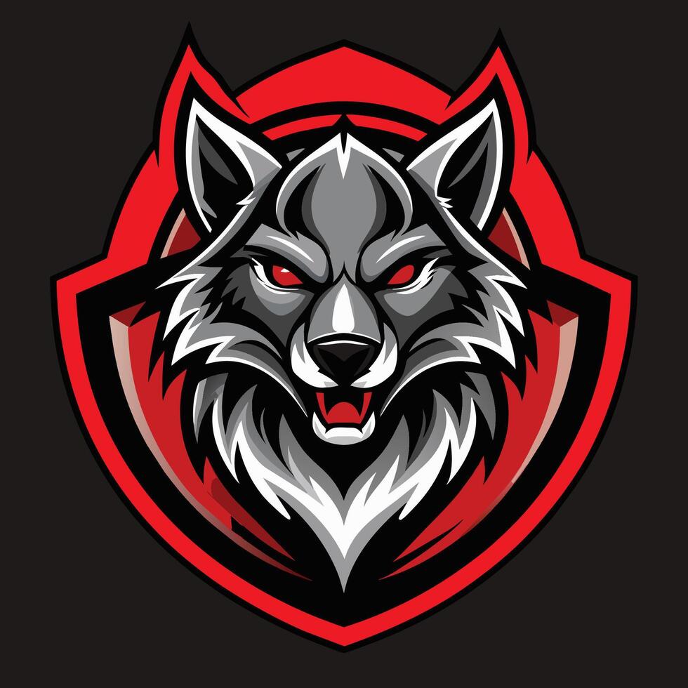 un de cerca de un lobos cabeza con perforación rojo ojos en contra un oscuro negro fondo, desde esports a vestir, desatraillar el poder de lobo logo ilustración vector