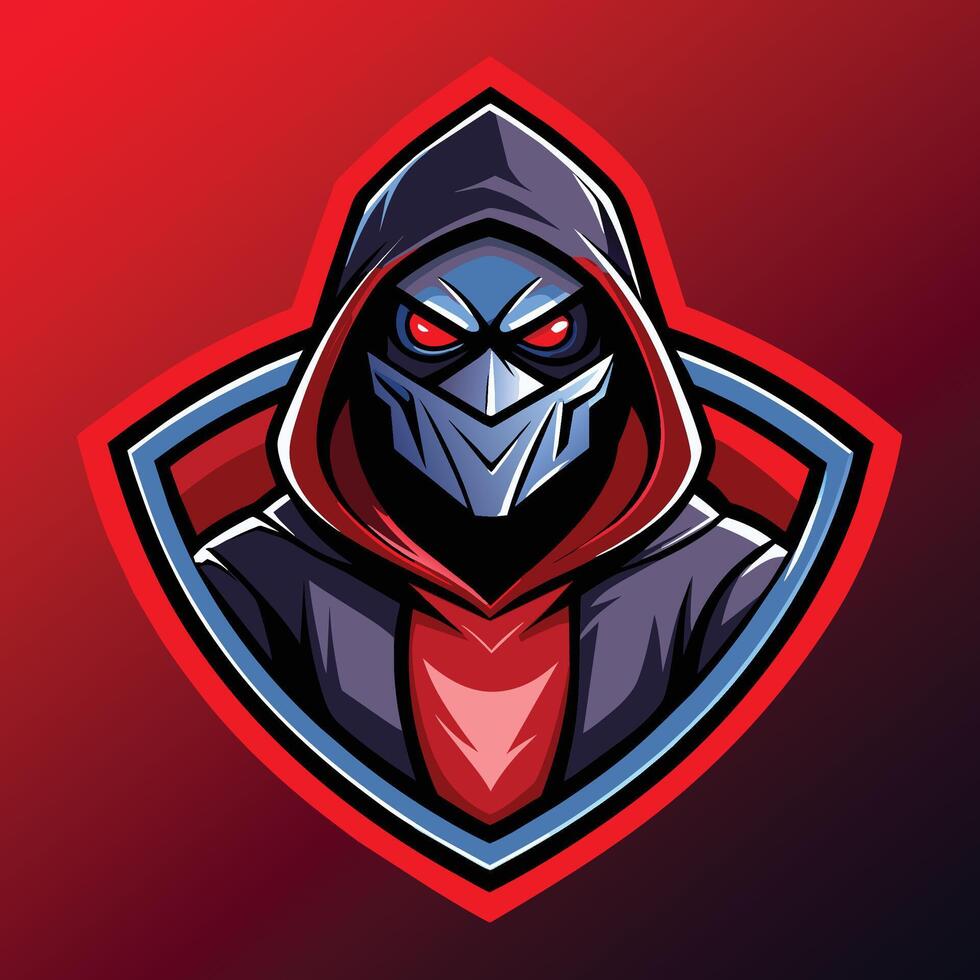 un amenazador oscuro Caballero mascota con rojo ojos y un capucha, diseñado para Deportes y esports logotipos, hacker mascota para Deportes y esports logo vector