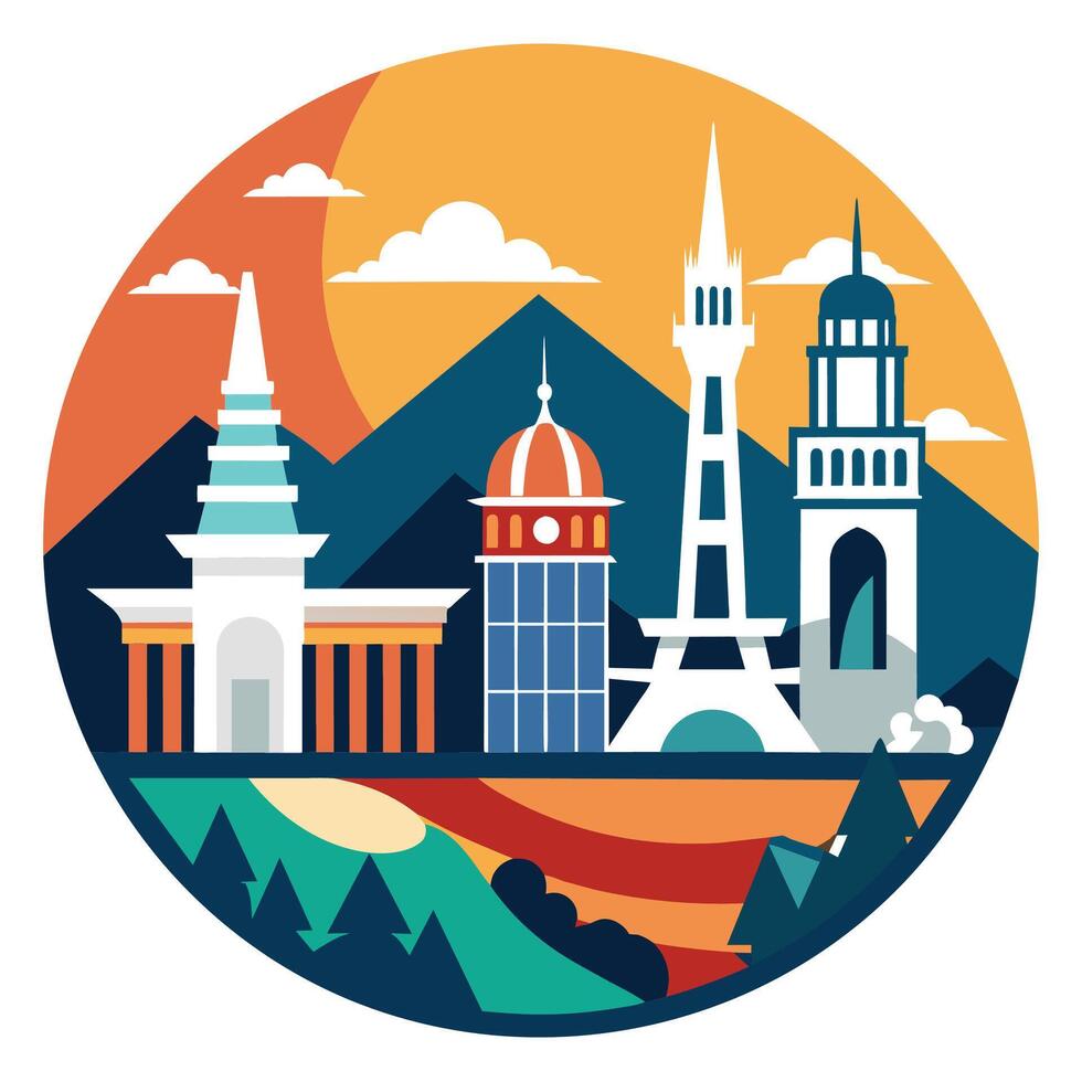 A circular composition featuring various iconic city landmarks from around the world, Iconic landmarks from around the world in a geometric style vector