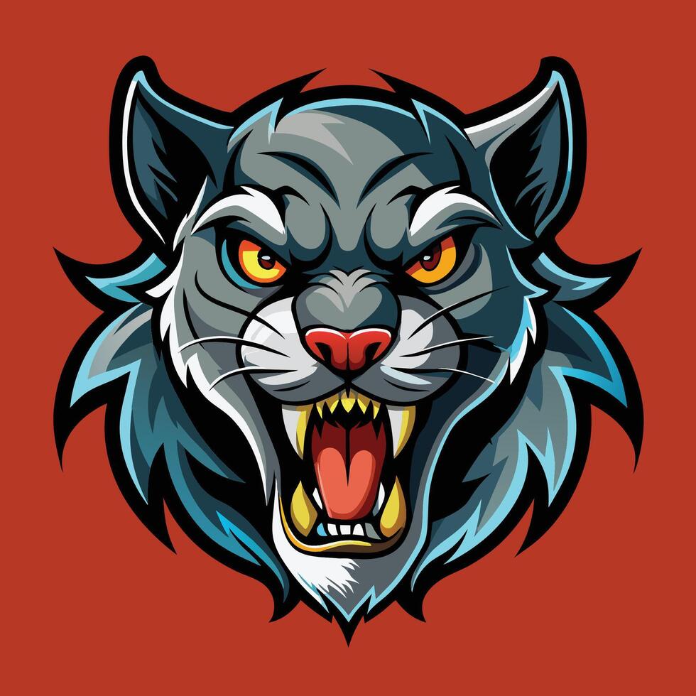 A close-up view of a ferocious black and white tigers head with striking orange eyes, Ferocious Undead Feline, Zombie Cougar Mascot Logo Design vector