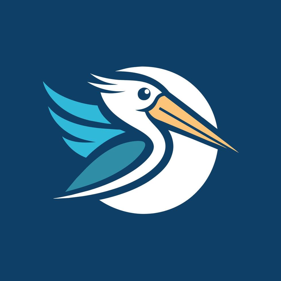 A white bird with a blue beak stands out against a solid blue background, Pelican Simple Logo, minimalist simple modern logo design vector