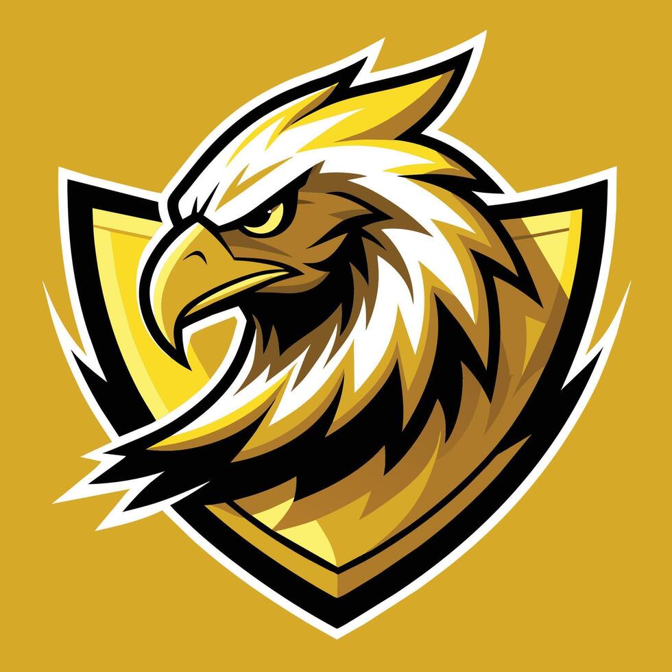 A powerful golden eagle head against a vibrant yellow backdrop, showcasing strength and intensity, Golden Eagle Logo and Mascot Illustration, Dynamic Graphic vector