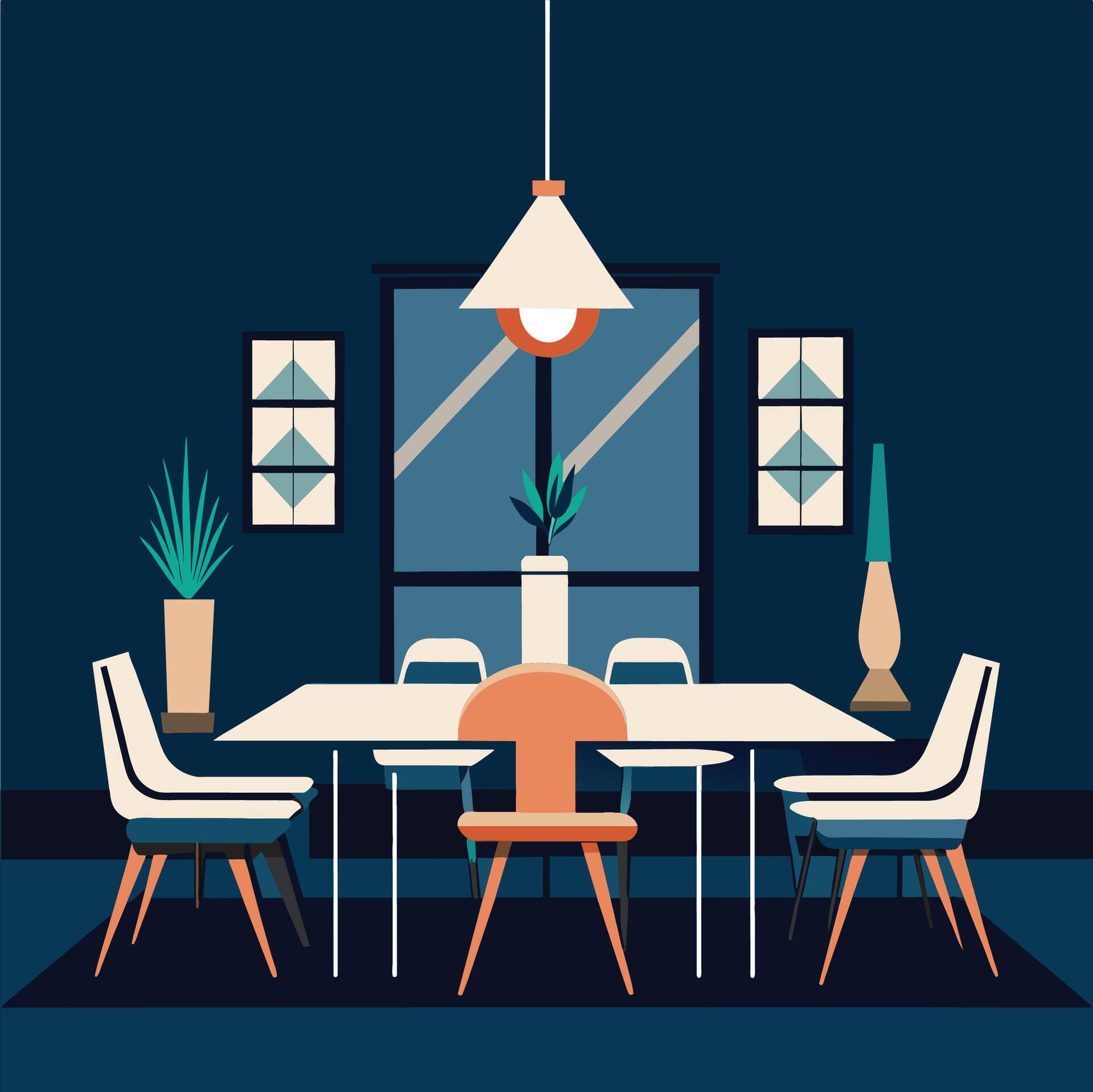 A sophisticated dining room featuring a minimalist table and chairs set