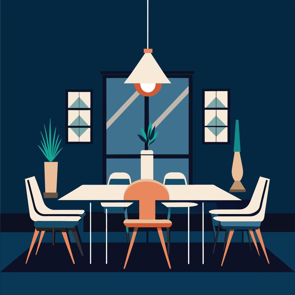 A sophisticated dining room featuring a minimalist table and chairs set up for a meal, Sophisticated dining room with a minimalist table setting and statement lighting vector