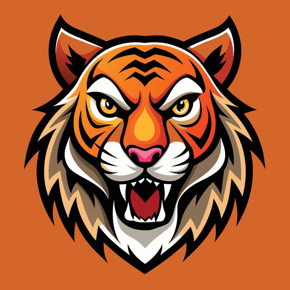 A tigers head with its mouth open in a fierce snarl, showing its sharp teeth and powerful jaw, tiger animal mascot head logo illustration vector