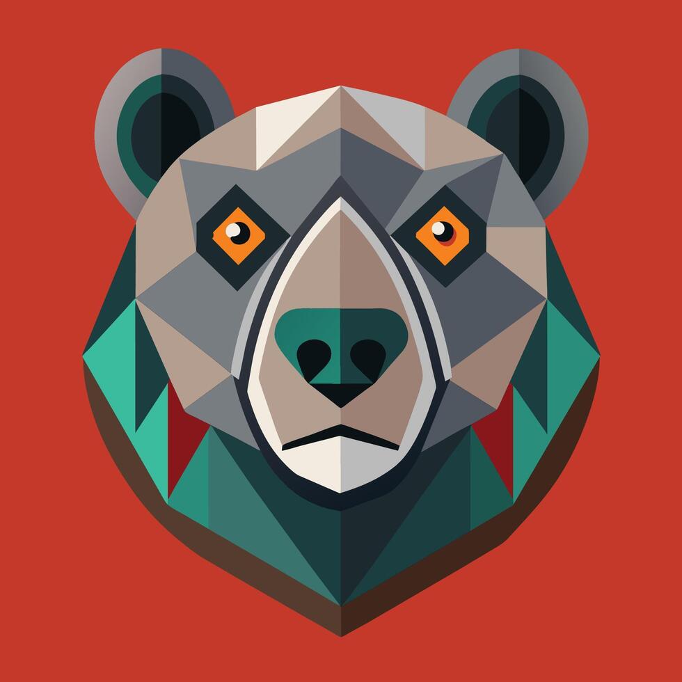 Clean lines of a bears head with orange eyes against a bright red backdrop, Symmetrical bear face with clean lines, minimalist simple modern logo design vector