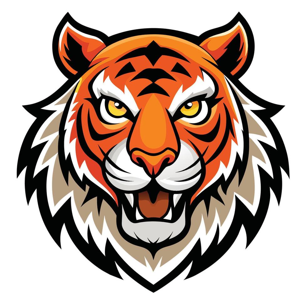 A tigers head with a big smile, embodying a cheerful and friendly mascot character, tiger animal mascot head logo illustration vector