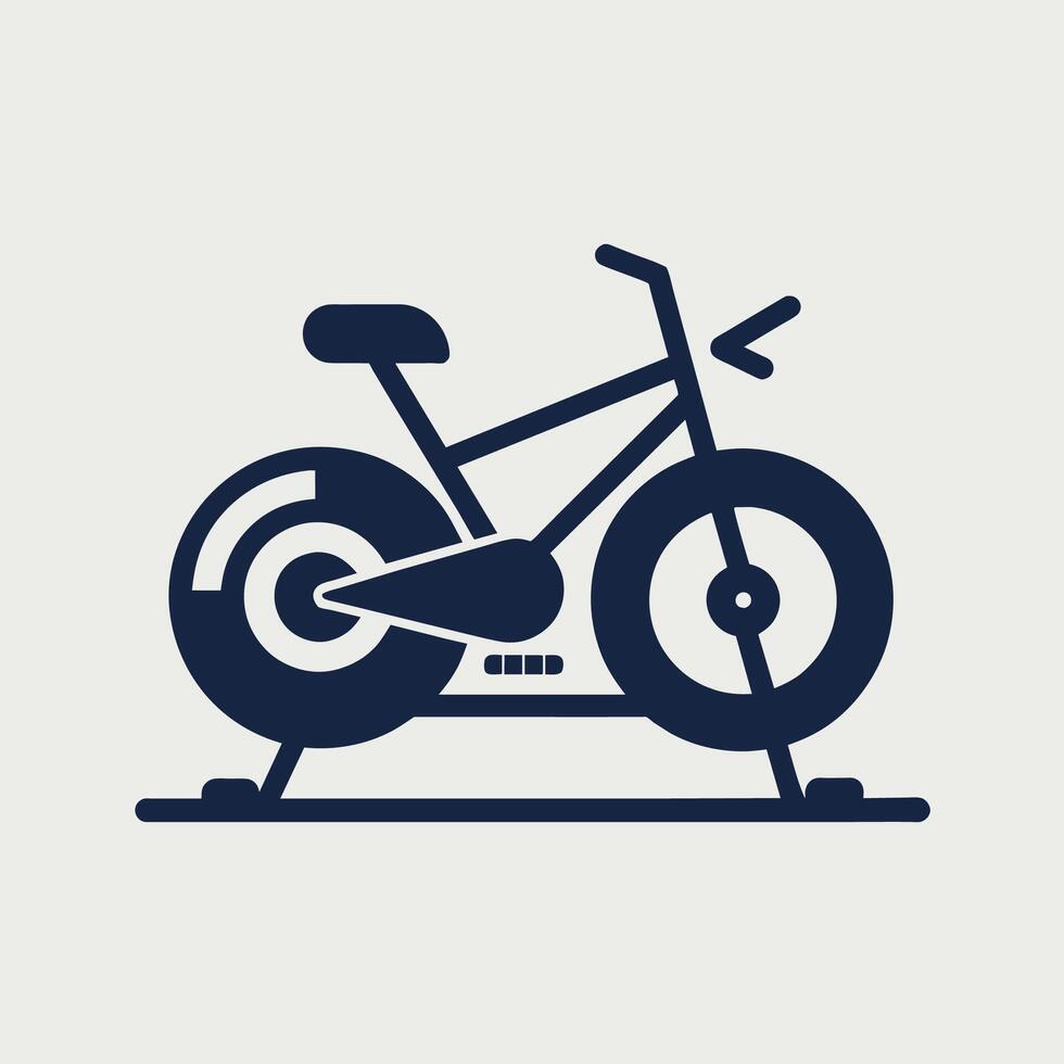 A black bicycle with a wheel attached to a stand indoors, Spin bike and rowing machine pairing, minimalist simple modern logo design vector