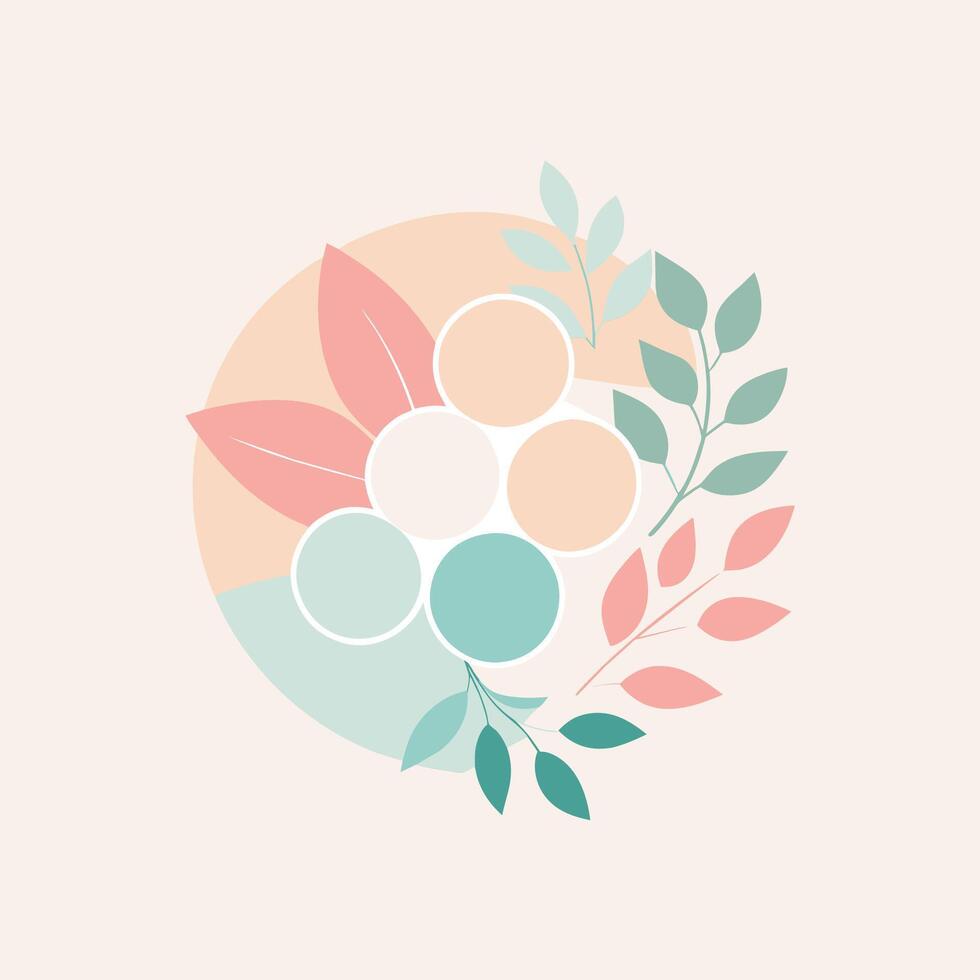 A pink flower with green leaves set against a soft pink background, Soft pastel color palette for a romantic wedding theme, minimalist simple modern logo design vector