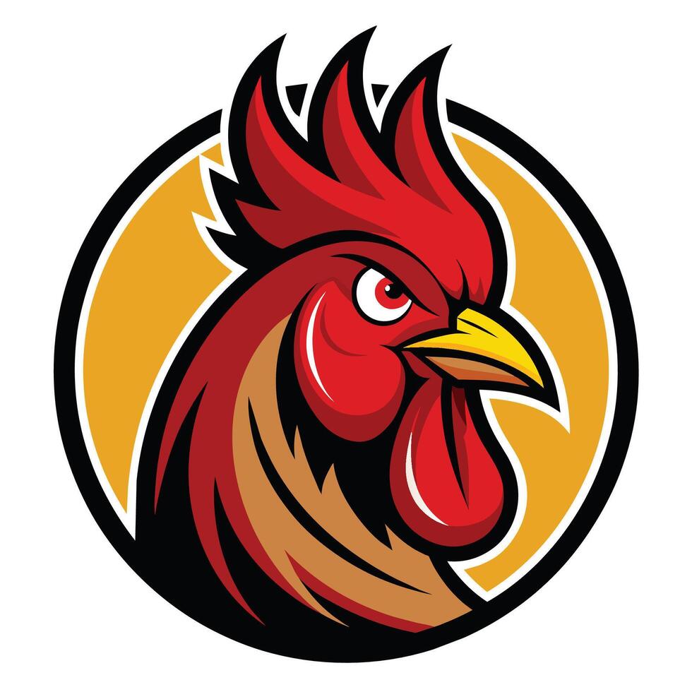 A close-up of a roosters head with a vibrant yellow circle around it, showcasing a striking logo design, rooster logo design vector