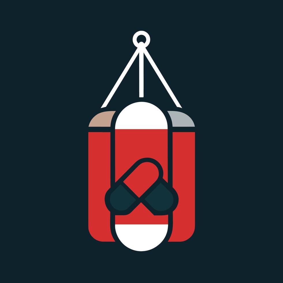 A pair of boxing gloves hangs from a punching bag used for boxing practice, Punching bag and boxing gloves display, minimalist simple modern logo design vector