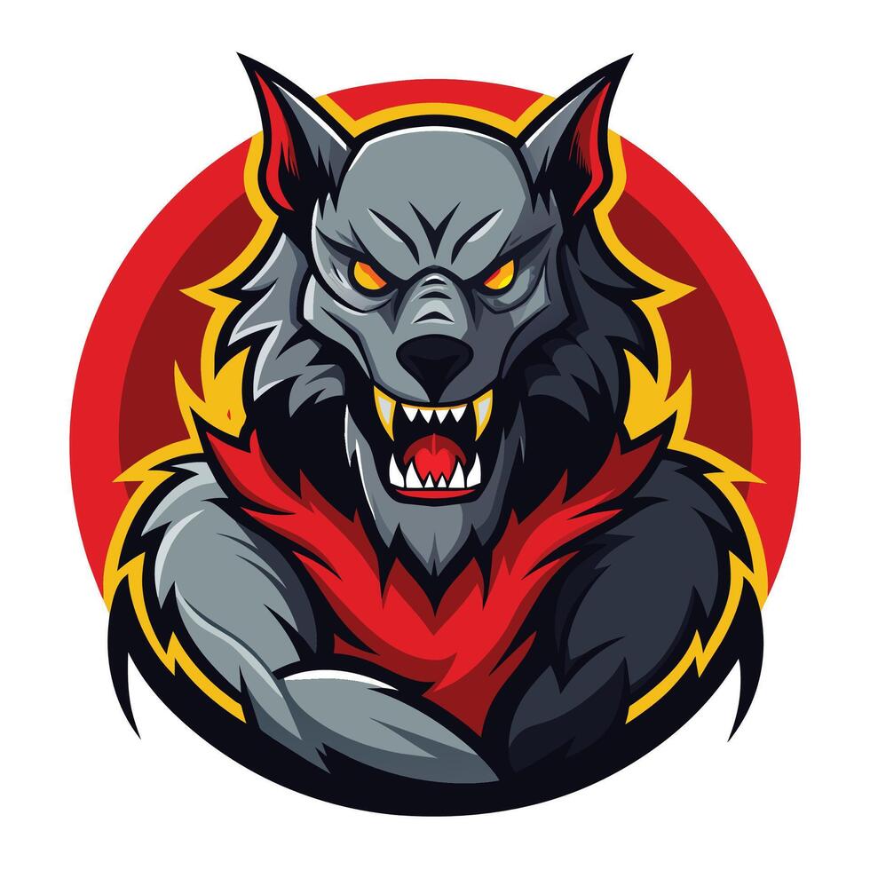 un gris lobo mascota con amenazador rojo ojos y agudo colmillos, encarnando fuerza y ferocidad, hombre-lobo logo, ilustración vector