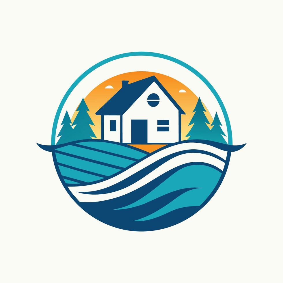 A house sits on a hill, surrounded by trees in the background, Abstract waterdrop logo design illustration template vector