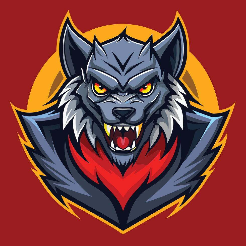 un lobo mascota con feroz expresión en contra un brillante rojo fondo, hombre-lobo logo, ilustración vector