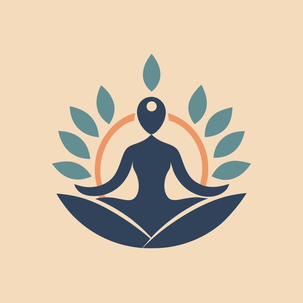 A person is sitting in a lotus position with green leaves surrounding them, Produce a minimalist logo for a yoga studio, minimalist simple modern logo design vector