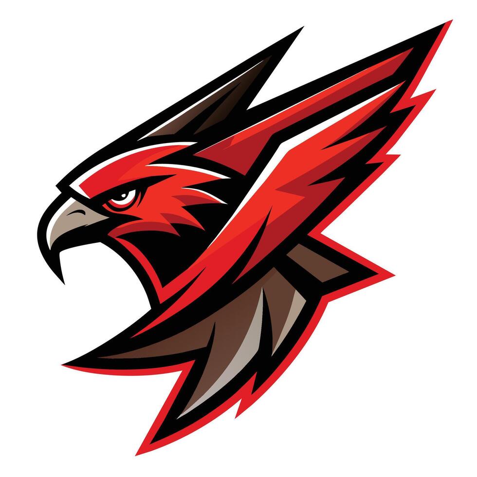 A red and black bird with a sleek black beak perched on a branch, Red Falcon Logo, Dynamic Graphic vector