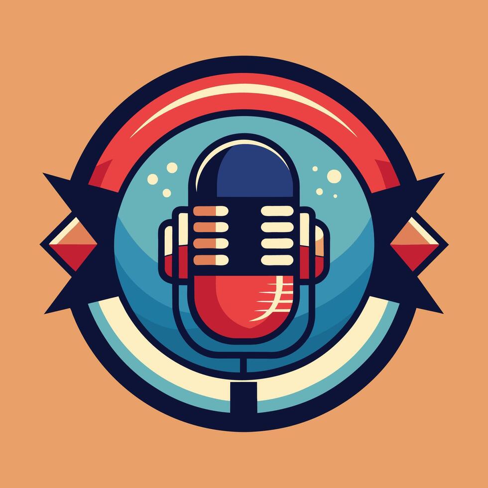 Close-up of a microphone with a red and blue microphone on top, against a plain background, Podcast radio logo icon. illustration vector