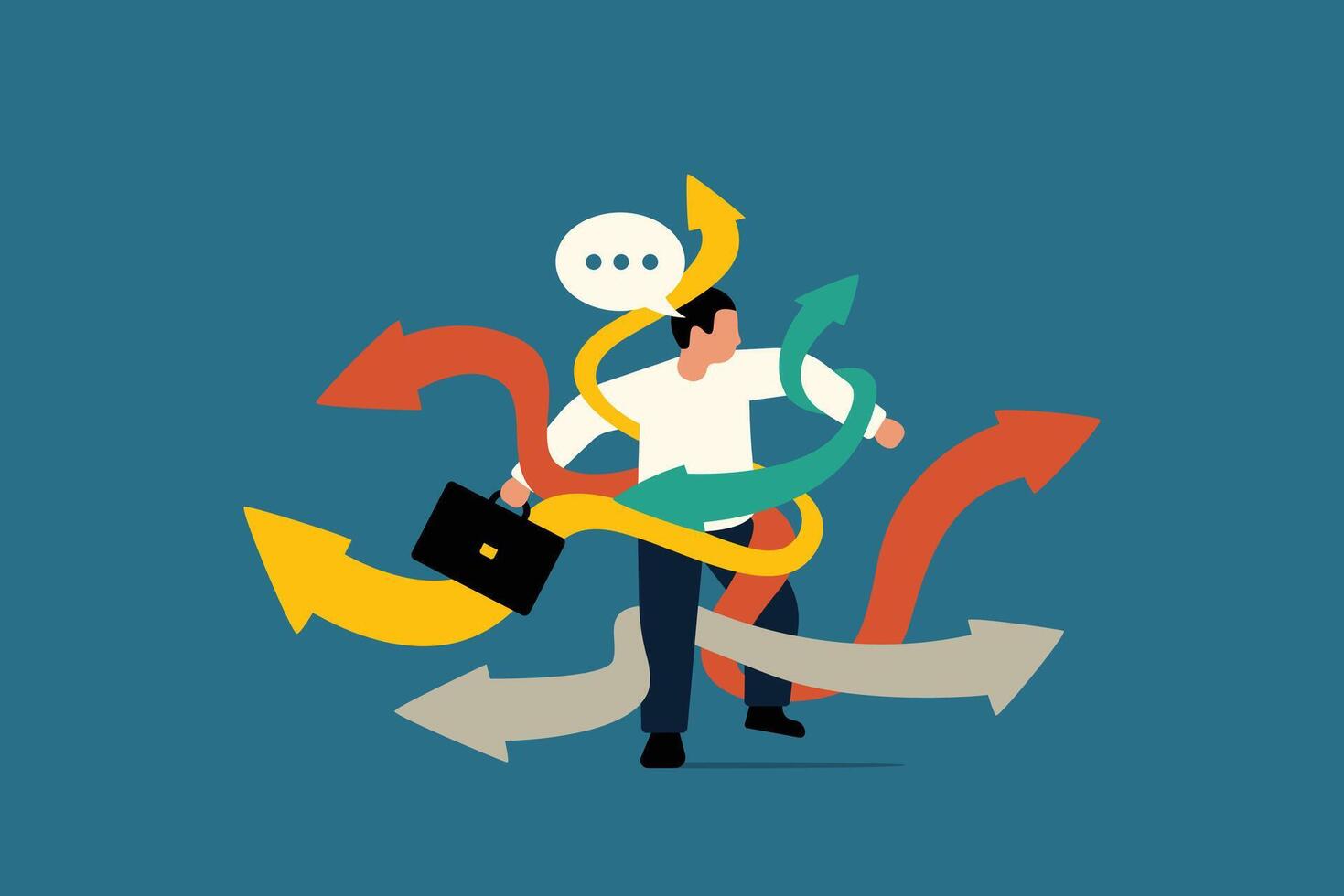 Decision making, Confused Decision Making with Many Arrows and Young Man. vector