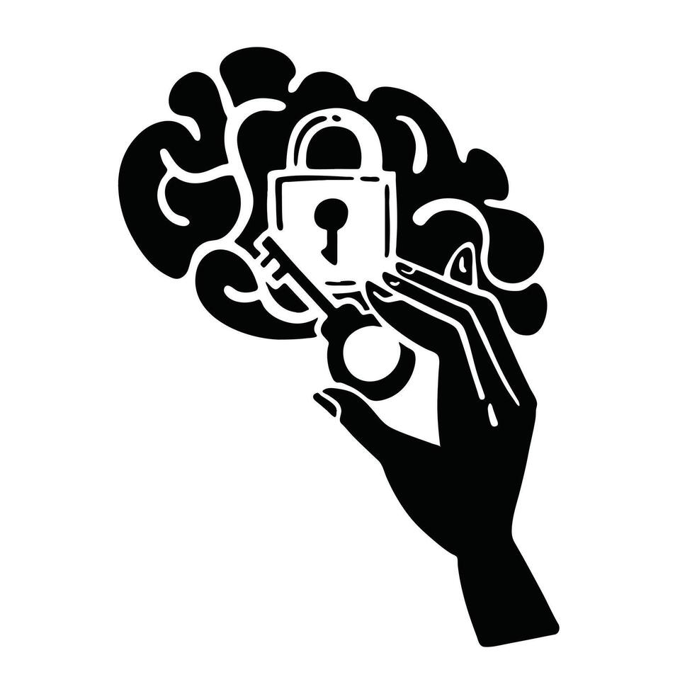 Secrets of the mind, lock on the brain illustration silhouette vector