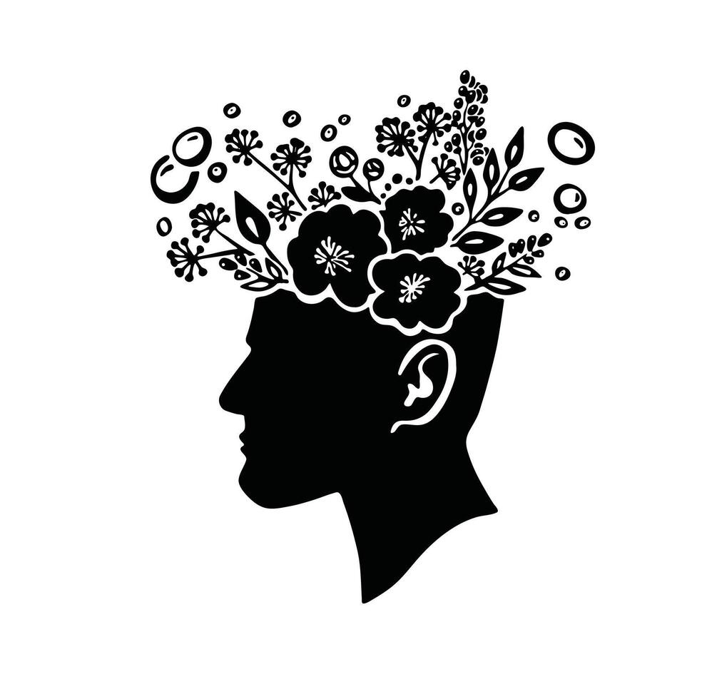 Head blooming flowers, mental health silhouette illustration vector