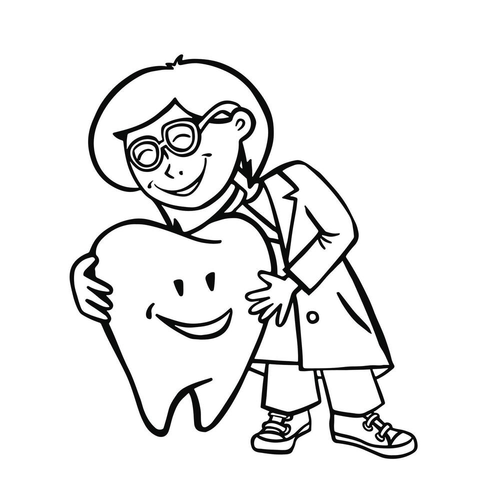 Dentist hugging healthy tooth, oral hygiene line vector