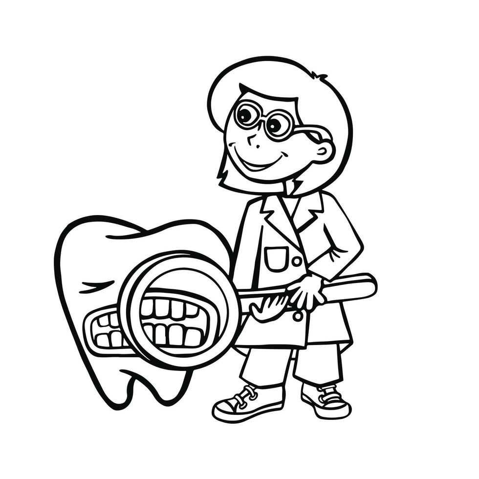 Dentist examines a tooth with a magnifying glass, oral hygiene outline vector