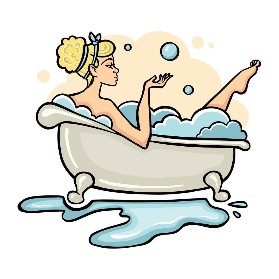 Young woman taking bath. Cartoon illustration vector