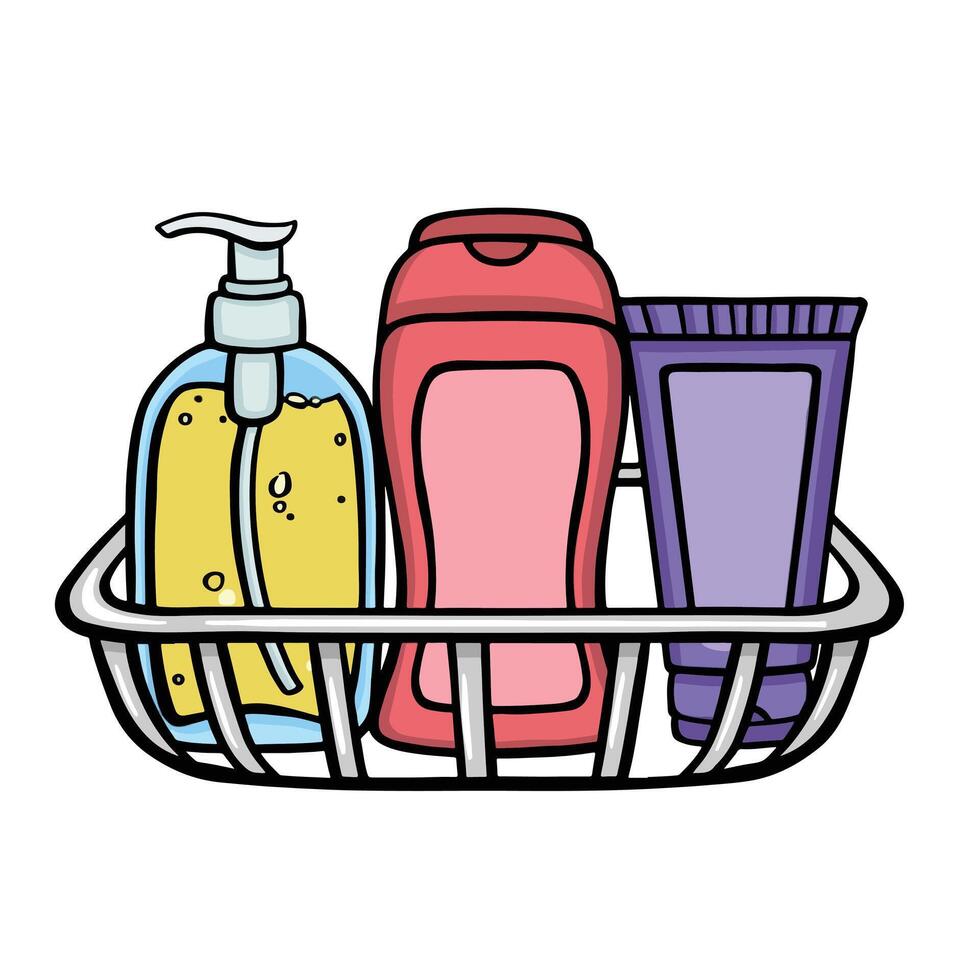 bathroom shelf with bottles and vials, personal hygiene illustration vector