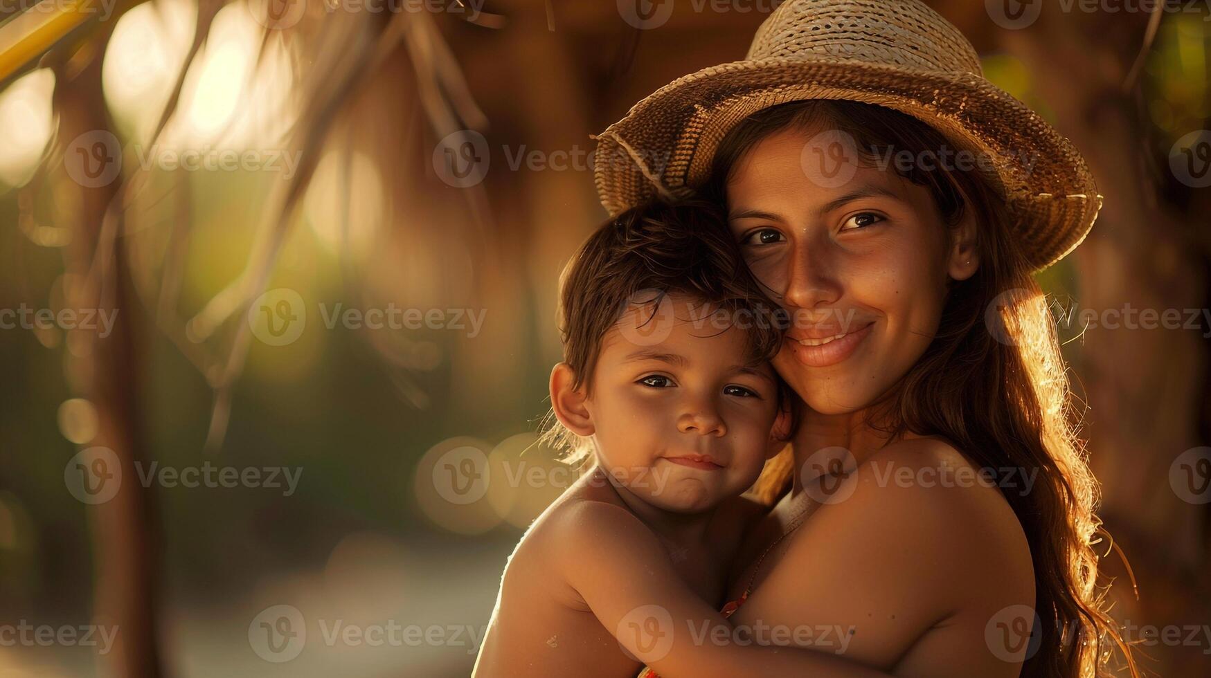 contento de la madre día. étnico mamá en Paja sombrero abrazando su pequeño hijo en naturaleza. bonito familia retrato foto