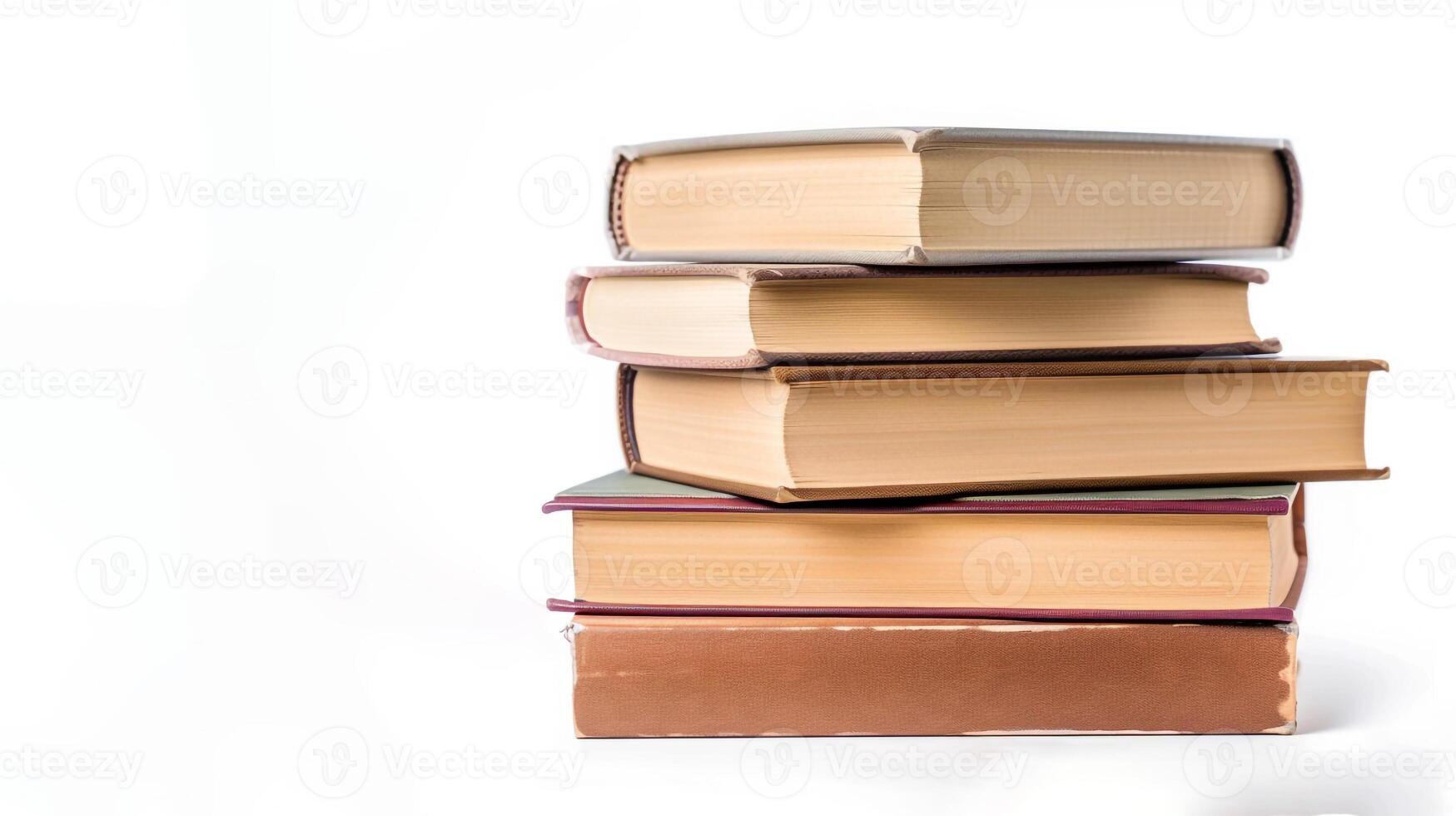 World Book Day. Education concept with copy space. Stack of five books isolated on white background photo
