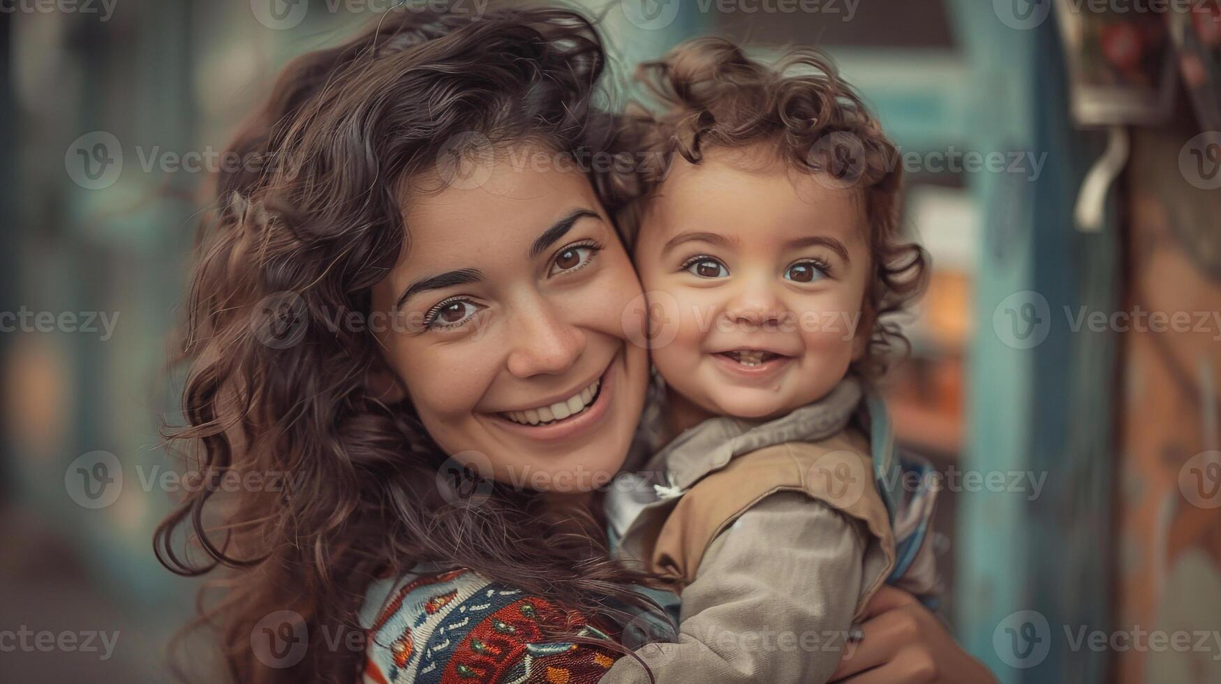 contento de la madre día. sonriente gente. Rizado mamá acurrucarse su bebé hijo en el calle. familia retrato foto