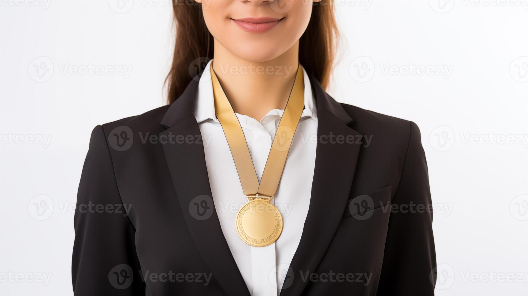 Businesswoman wearing gold medal photo