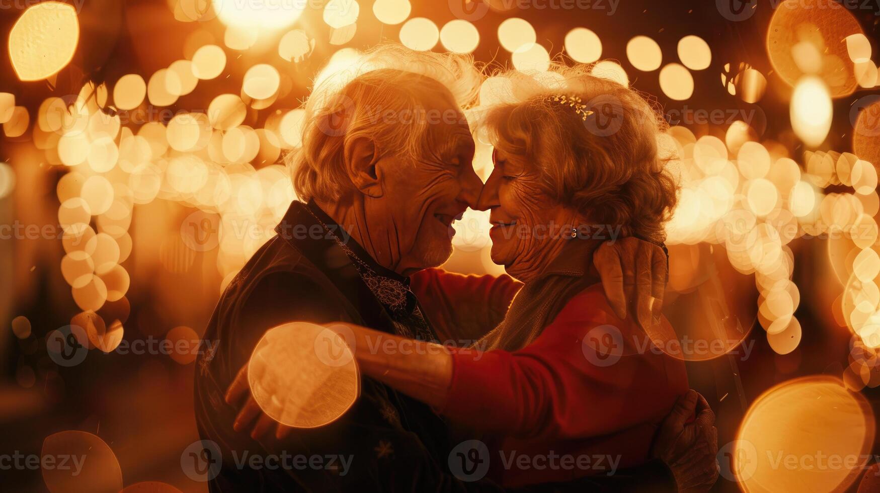 Happy romantic senior couple is hugging and dancing together. Bokeh light around. photo