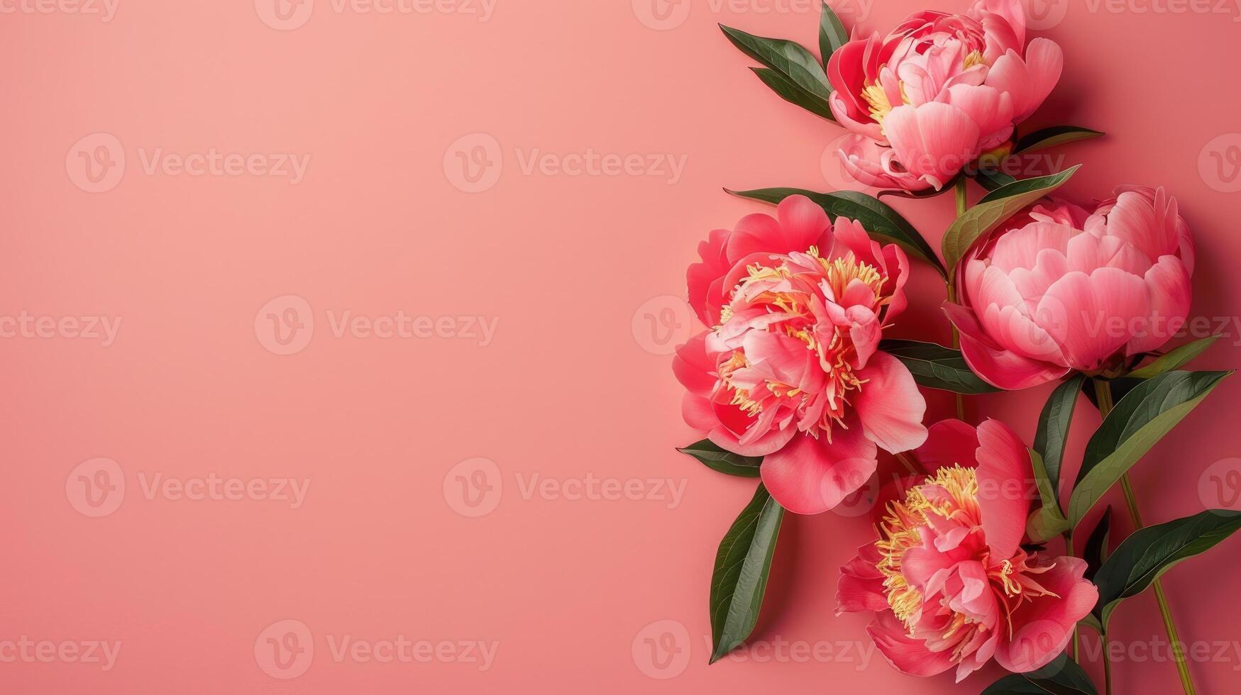 Beautiful peonies on pink background. Flat lay with space for text. A card for Easter, Women's Day, Mother's Day, Valentine's Day, Birthday. photo