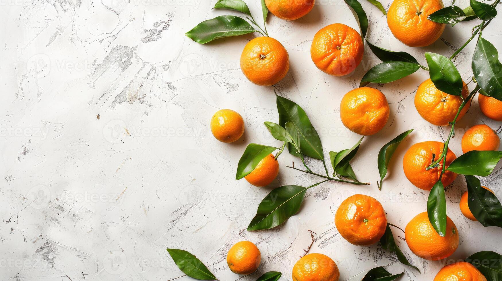 Fresh ripe tangerines and leaves on light white background. Flat lay, top view, copy space. photo