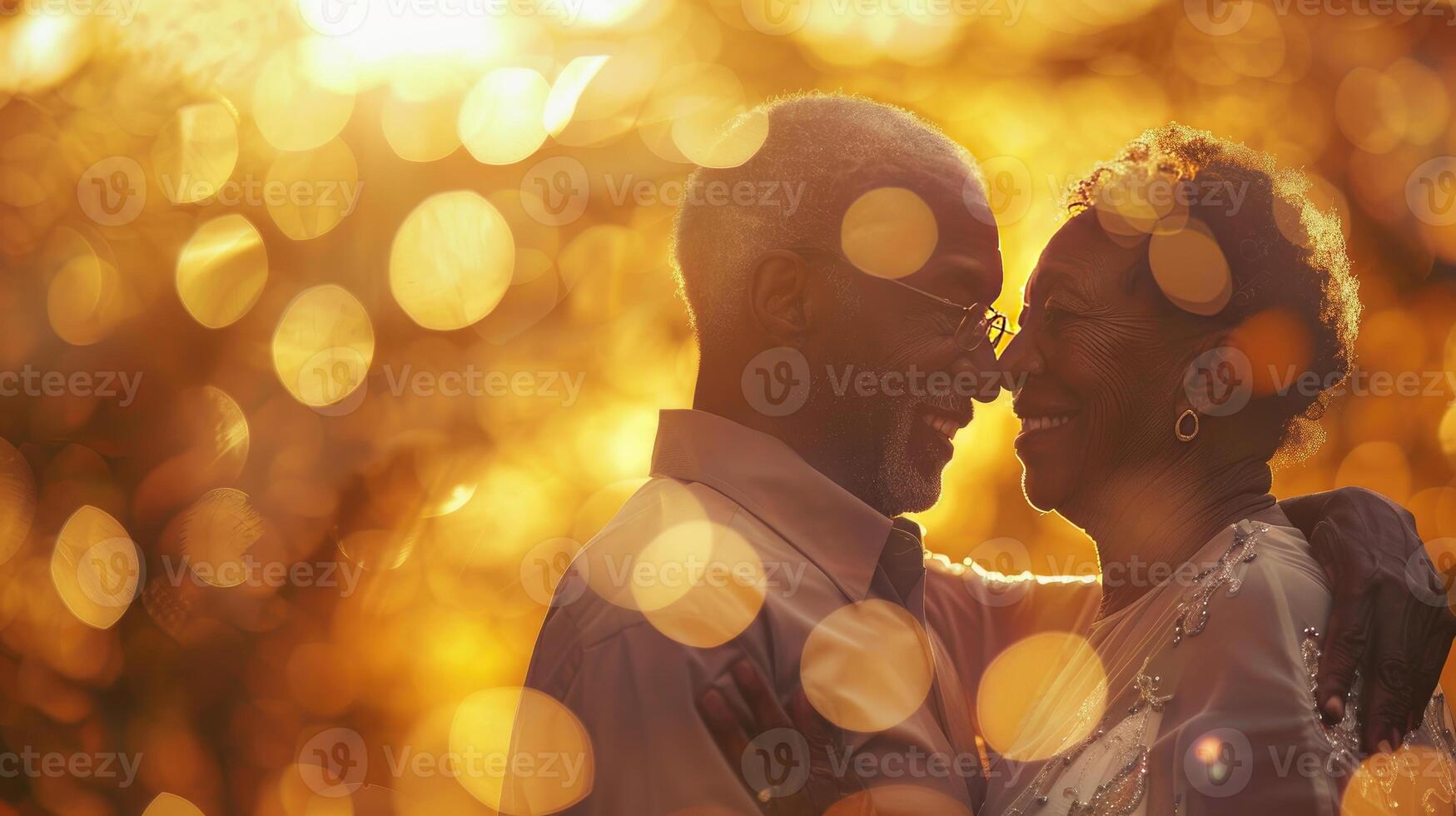 contento romántico afican americano mayor Pareja es abrazando y bailando juntos. bokeh ligero alrededor. foto