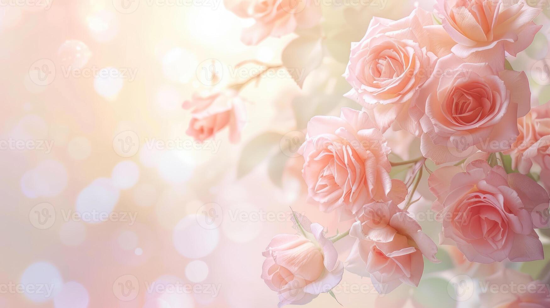 Summer blossoming delicate roses on bokeh background. Pastel and soft floral card. Copy space. photo