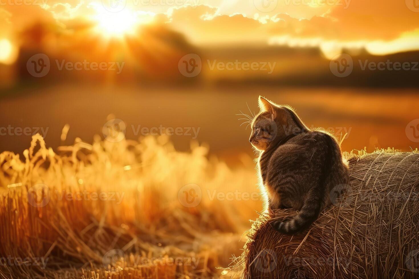 Serene Sunset Serenade With a Contemplative Cat on a Straw Bale in the Countryside photo