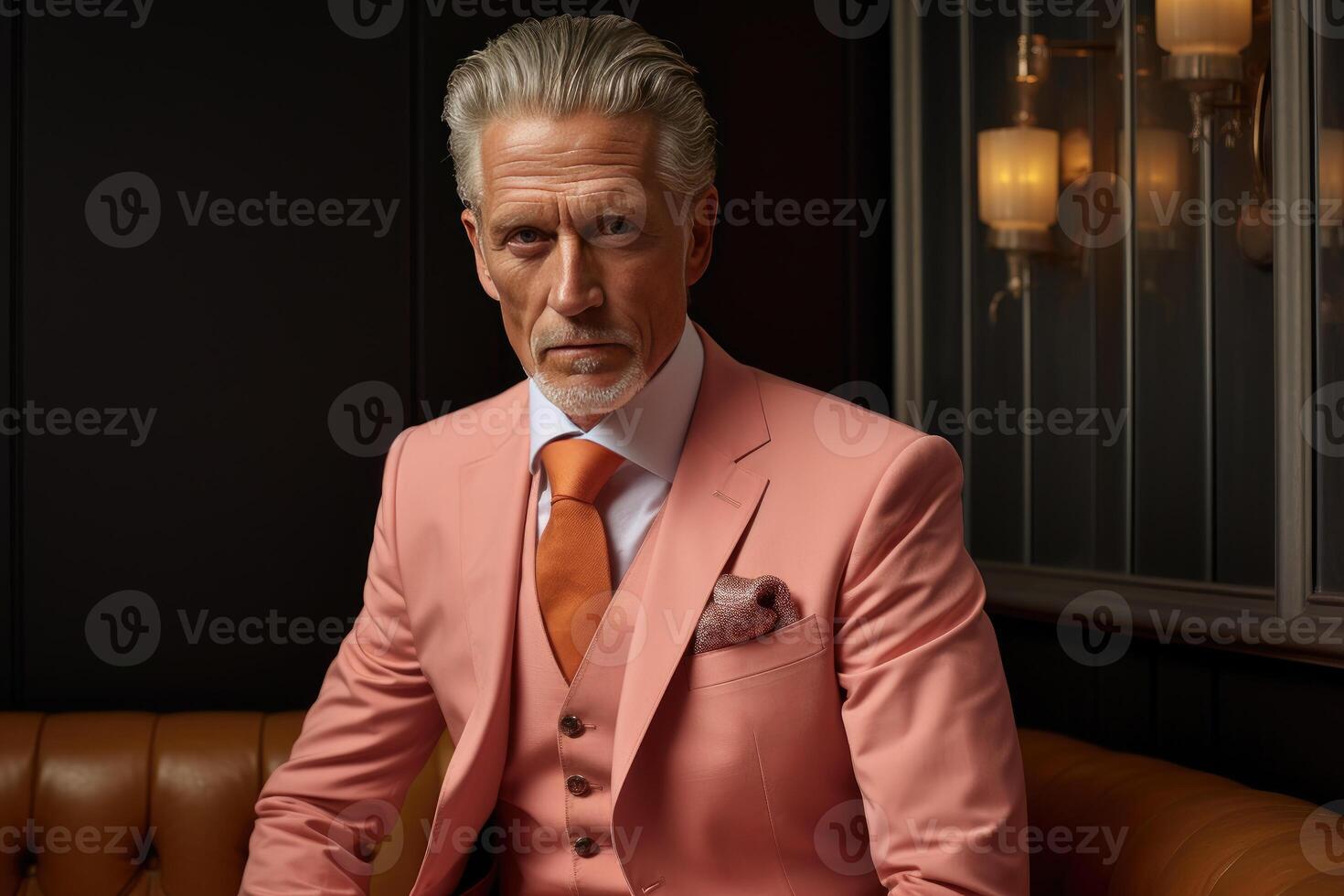 Distinguished Gentleman in Peach Fuzz colore suit Ensemble Poised in Elegant Repose photo