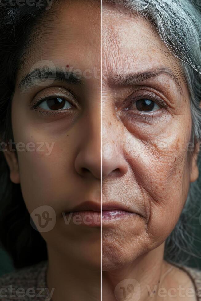 el viaje de hora y belleza.a mujeres cara capturado en juventud y antiguo años foto