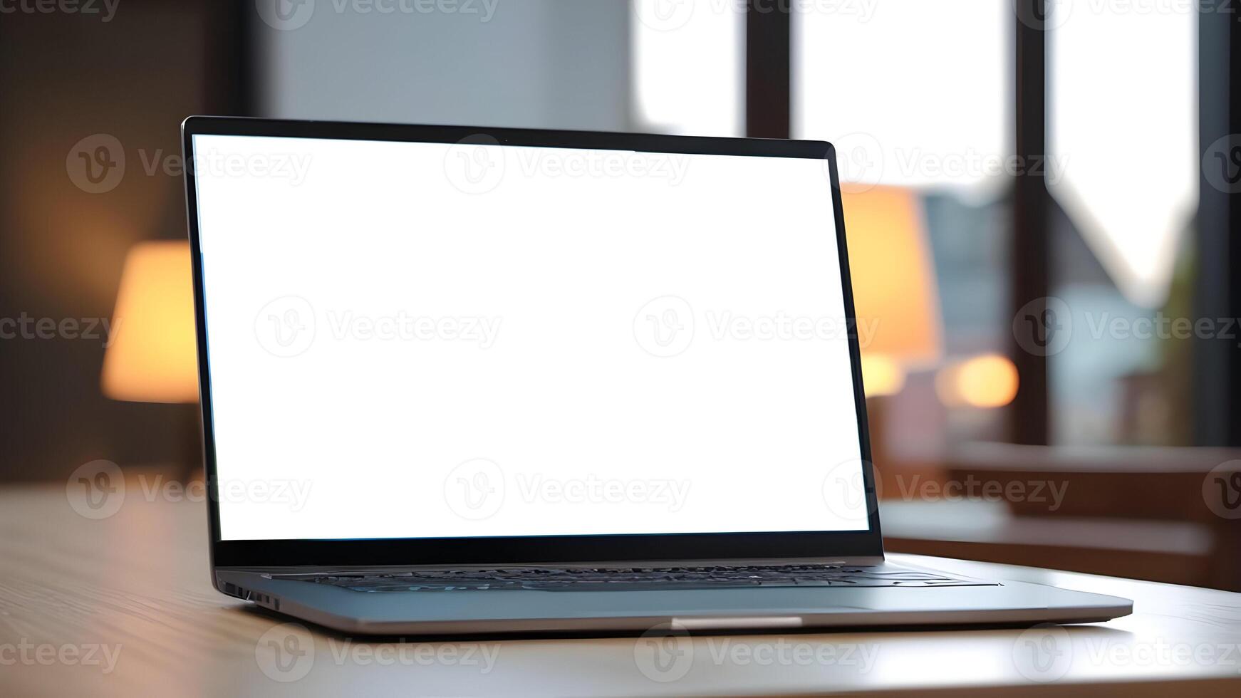 Laptop with white blank screen on wooden table with blurred background photo