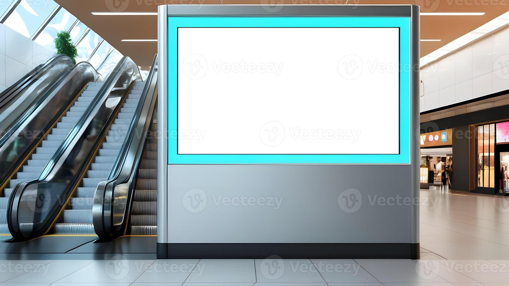 Blank horizontal poster in public place. Billboard mockup near to escalator in a mall, shopping center, airport terminal, office building or subway station. photo
