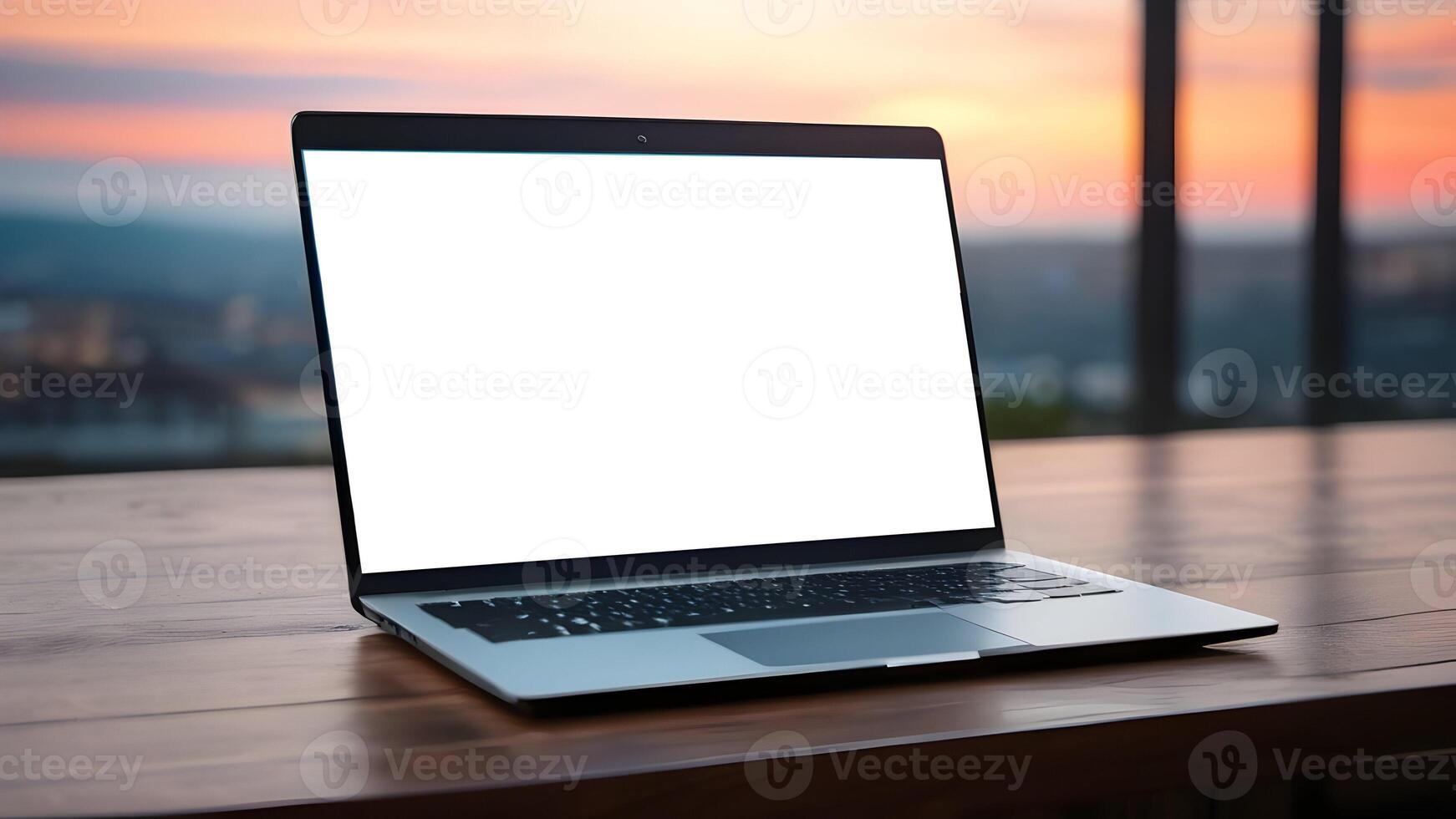 Laptop with white blank screen on wooden table with blurred background photo