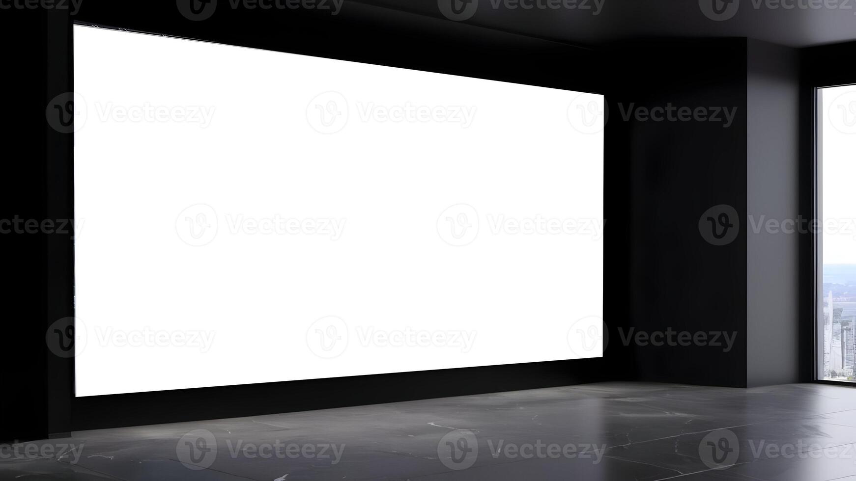 Indoor blank white LED screen for advertisement placement, Modern blank lcd screen against a black marble wall photo