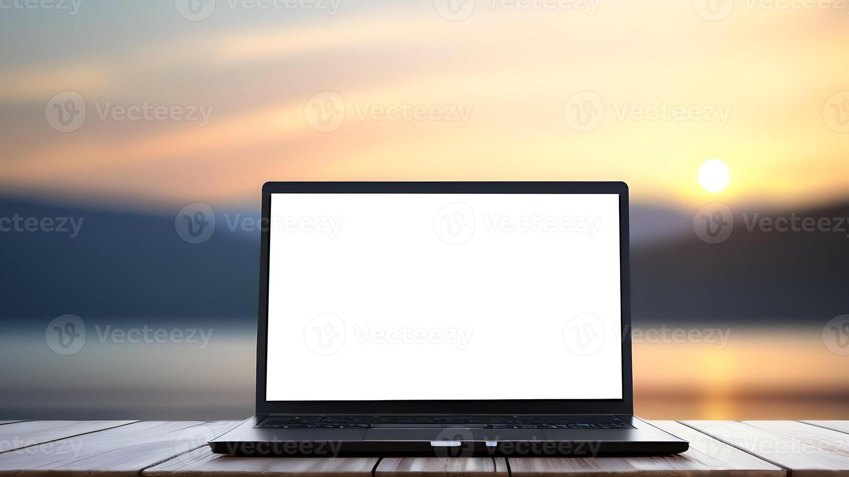 Laptop with white blank screen on wooden table with blurred background photo