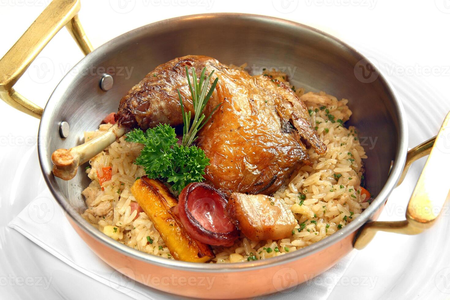 Maria Isabel chicken with rice, bacon, sausage and fried cassava